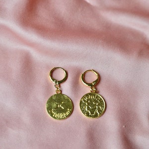 Vintage Zodiac Pendant Coin Gold Huggie Earrings, image 3