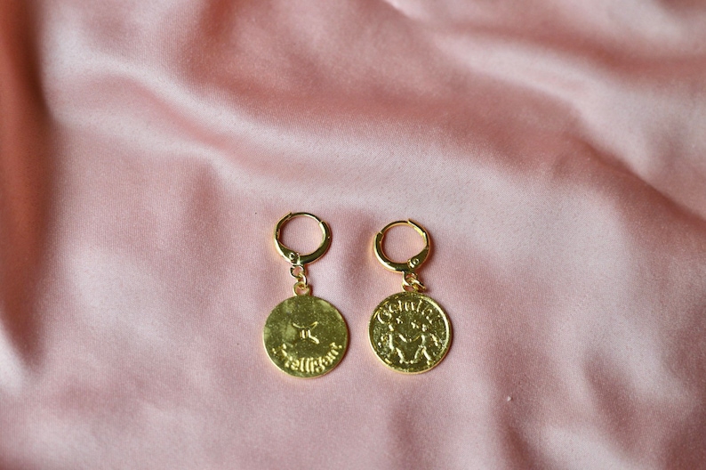 Vintage Zodiac Pendant Coin Gold Huggie Earrings, image 3