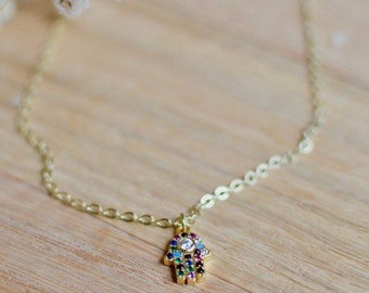 Hamsa Multicolored Rhinestone Necklace, 16 inch, 14k gold fill necklace