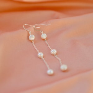 3 Pearl Drop Earring, Pearl Dangle Earring, Hook Earrings, Bridal earrings, Long chain earrings, June's birthstone Pearl, wedding earrings image 5