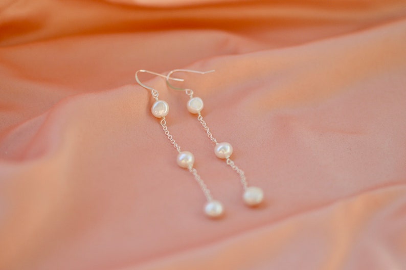 3 Pearl Drop Earring, Pearl Dangle Earring, Hook Earrings, Bridal earrings, Long chain earrings, June's birthstone Pearl, wedding earrings image 5