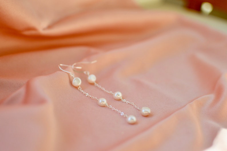 3 Pearl Drop Earring, Pearl Dangle Earring, Hook Earrings, Bridal earrings, Long chain earrings, June's birthstone Pearl, wedding earrings image 4