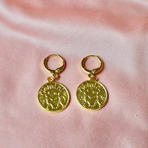 Vintage Zodiac Pendant Coin Gold Huggie Earrings,