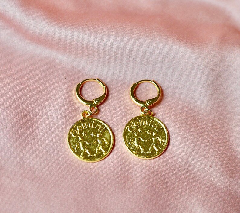 Vintage Zodiac Pendant Coin Gold Huggie Earrings, image 1