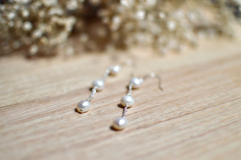 3 Pearl Drop Earring, Pearl Dangle Earring, Hook Earrings, Bridal earrings, Long chain earrings, June's birthstone Pearl, wedding earrings image 8