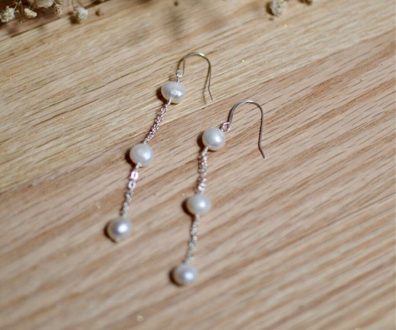 3 Pearl Drop Earring, Pearl Dangle Earring, Hook Earrings, Bridal earrings, Long chain earrings, June's birthstone Pearl, wedding earrings image 6