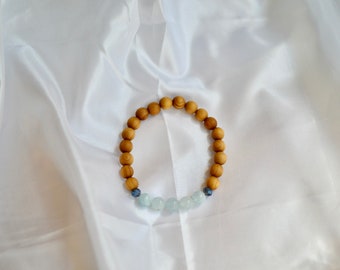 Aquamarine and Wenge Beaded Bracelet, 7.5 inches, Wood Beaded Bracelet, March Birthday