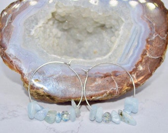 Aquamarine Gemstone Chip Hoop Earrings Silver 30mm
