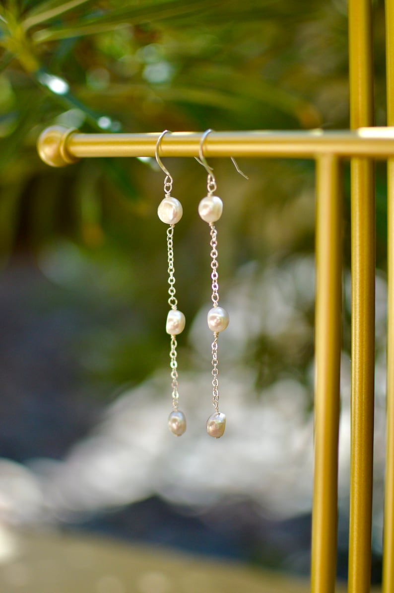 3 Pearl Drop Earring, Pearl Dangle Earring, Hook Earrings, Bridal earrings, Long chain earrings, June's birthstone Pearl, wedding earrings image 2