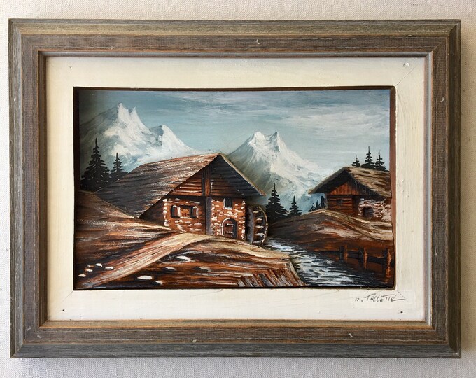 Vintage 3d Carved Wooden Mountain Scene Art Picture. Hand crafted, solid wood signed by artist - Man Cave, Cabin Art. 14.4"x12"