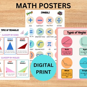 Puede incluir: Carteles de matemáticas educativas con símbolos, tipos de triángulos y ángulos. Los carteles muestran texto y diagramas. También se ve el texto "DIGITAL PRINT".