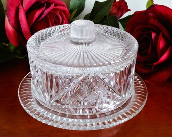 Pinwheel Crystal Butter Dish / Brie, Cheese Dish  ~  Hand Cut ~  Exquisite Vintage Collectible ~ Excellent Condition!