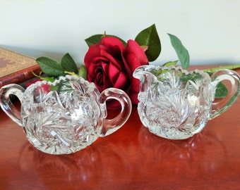 Pinwheel Sugar Bowl and Creamer ~ Star Design By American Cut ~ Blown Glass ~ Sawtooth  Edge ~ Vintage Collectible ~