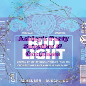 May include: A blue and purple Bud Light beer can with the text "Ashley's Party Supplies & Creations" superimposed on it. The can has the Bud Light logo and the text "Brewed by our original process from the choicest hops, rice and best barley malt." The can also has the text "Anheuser-Busch, Inc." and a barcode.