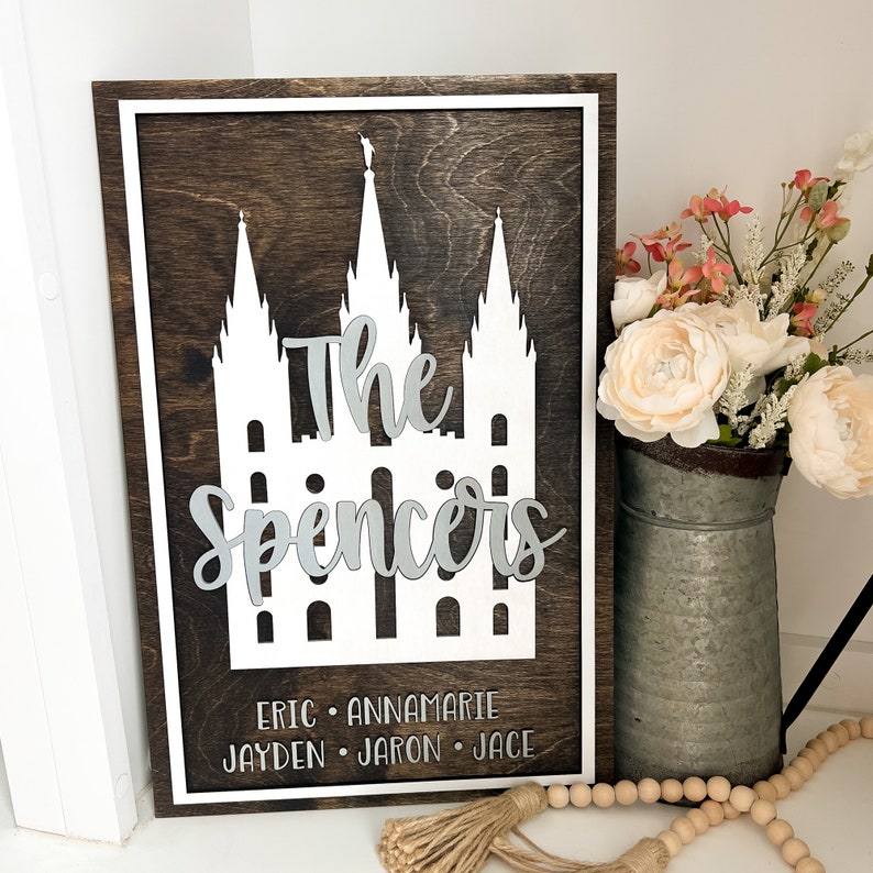 Custom LDS Temple Name Sign LDS Wedding Gift Beautiful LDS Home Decor Temple Sealing Sign 3D temple Sign Farm House Temple Sign image 1