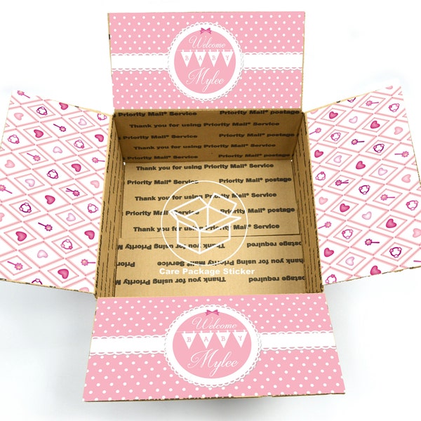 Custom Baby girl reveal box / birth announcement gift box / new mom survival kit / long distance welcome baby shipping box flap stickers