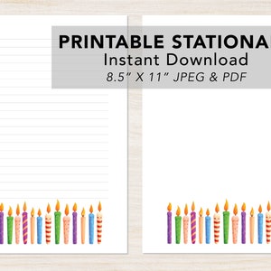 May include: Printable stationery featuring a row of colorful birthday candles with flames. The paper is lined and the text "Printable Stationery Instant Download 8.5" x 11" JPEG & PDF" is at the top.