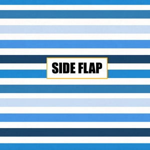 May include: A blue and white striped background with the text "SIDE FLAP" in a black rectangle with a gold border.