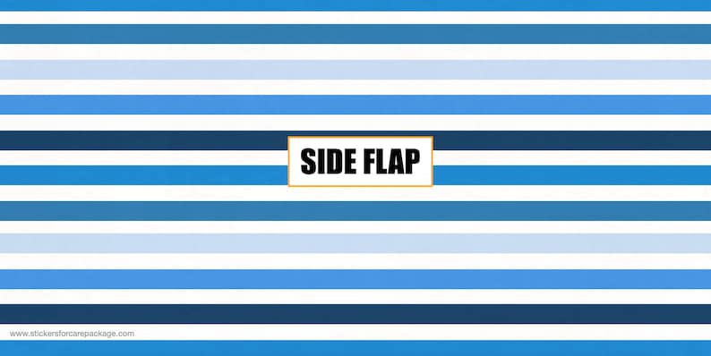 May include: A blue and white striped background with the text "SIDE FLAP" in a black rectangle with a gold border.