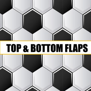 K&ouml;nnte beinhalten: Schwarz-wei&szlig;es Fu&szlig;ballmuster mit dem Text "TOP & BOTTOM FLAPS" in einem goldenen Rechteck.