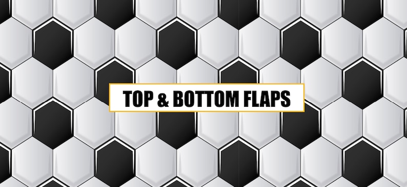 K&ouml;nnte beinhalten: Schwarz-wei&szlig;es Fu&szlig;ballmuster mit dem Text "TOP & BOTTOM FLAPS" in einem goldenen Rechteck.