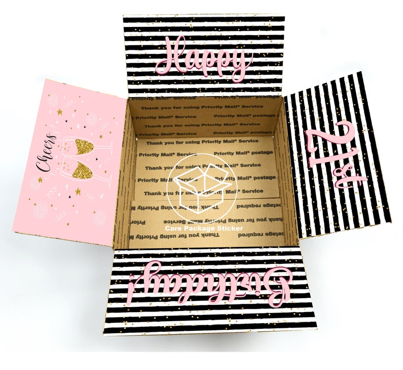 21st birthday care package stickers / custom birthday package / college student box / care package for her / pink birthday gift box stickers image 1