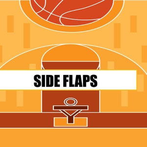 Puede incluir: Una cancha de baloncesto con l&iacute;neas naranjas y marrones, un aro de baloncesto y el texto "SIDE FLAPS" en un cuadro blanco.