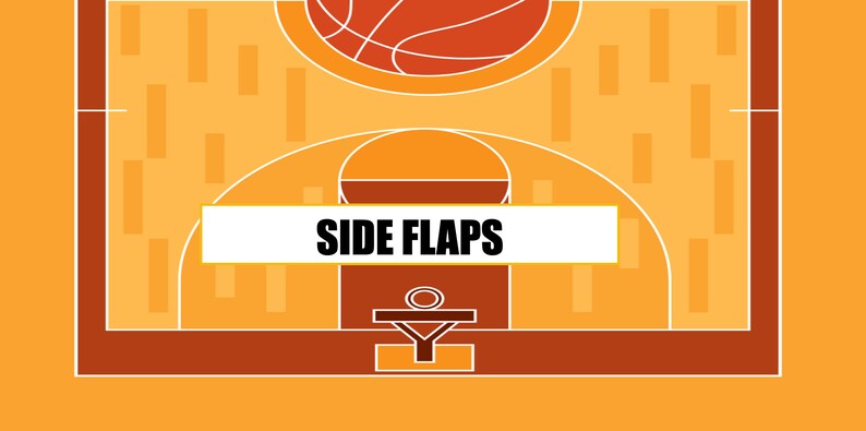Puede incluir: Una cancha de baloncesto con l&iacute;neas naranjas y marrones, un aro de baloncesto y el texto "SIDE FLAPS" en un cuadro blanco.