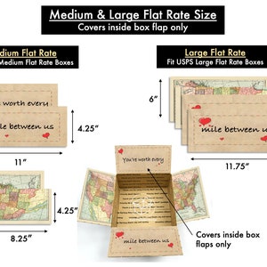 May include: A set of two cards with a vintage map background and the text "You're worth every mile between us". The cards are 4.25 inches by 11 inches and fit inside USPS Medium Flat Rate boxes.