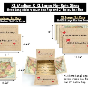 May include: Two sets of stickers with the text "You're worth every mile between us" in red and black lettering on a brown background. The stickers are shown in two sizes, XL Medium and XL Large, with measurements in inches. The stickers are designed to fit USPS Medium and Large Flat Rate boxes.