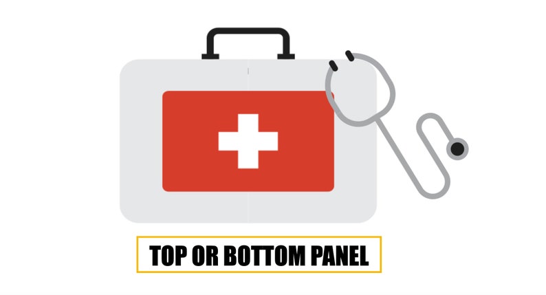 May include: A white first aid kit with a red cross on the front and a stethoscope on the right side. The text "TOP OR BOTTOM PANEL" is below the kit.