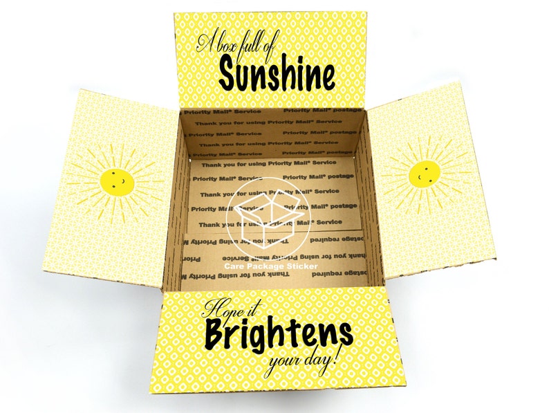 Box of sunshine care package stickers / sunshine box / college care package / get well / hospital gift / sympathy / break up gift box image 1