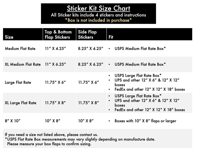 May include: A chart showing the different sizes of sticker kits for shipping boxes. The chart lists the size of the box, the size of the top and bottom flap stickers, the size of the side flap stickers, and the fit for the stickers. The chart also includes a note that the box is not included in the purchase.