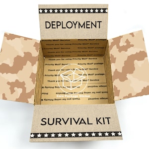 Trousse de survie au déploiement / cadeau militaire pour lui / trousse de soins pour lui / armée / marines / cadeau pour petit ami / autocollants pour rabat de boîte d&#39;expédition