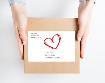 Shipping label sticker for care package box / return address label tag /  / decorative heart mailing decal / large package post / i love you