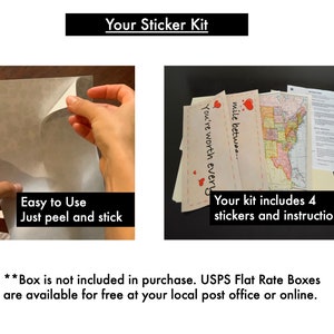 May include: A sticker kit with four stickers and instructions. The stickers are printed on white paper with black text and red hearts. The instructions are printed on white paper with black text. The kit is easy to use, just peel and stick.
