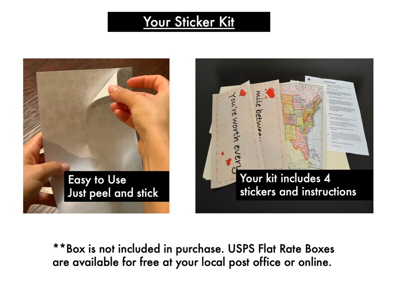 May include: A sticker kit with four stickers and instructions. The stickers are printed on white paper with black text and red hearts. The instructions are printed on white paper with black text. The kit is easy to use, just peel and stick.