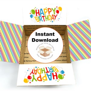 Può includere: Un design stampabile per una scatola regalo di compleanno. La scatola è decorata con un motivo a righe arcobaleno e un adesivo che dice "Buon compleanno" con palloncini. L'adesivo dice anche "Download istantaneo" e "Decorare le tue consegne Adesivi per pacchi di torte".