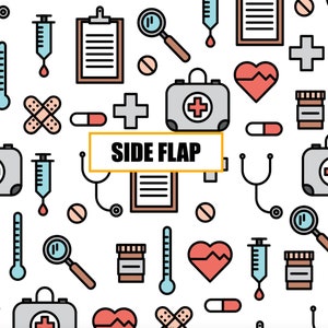 May include: A white background with a repeating pattern of medical icons in various colors, including red, blue, yellow, and brown. The icons include a stethoscope, a heart, a first aid kit, a thermometer, a syringe, a bandage, a pill, a magnifying glass, and a clipboard. The text "SIDE FLAP" is written in a yellow box in the center of the image.