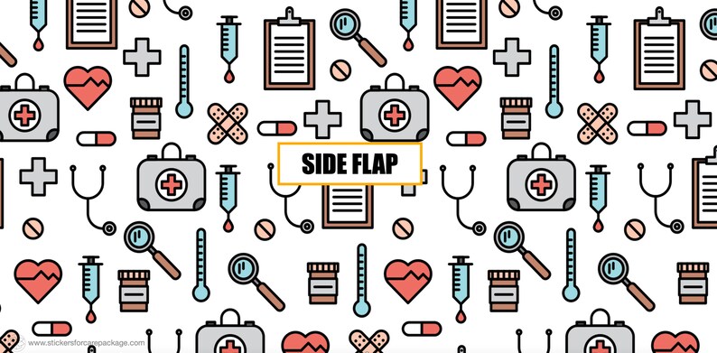May include: A white background with a repeating pattern of medical icons in various colors, including red, blue, yellow, and brown. The icons include a stethoscope, a heart, a first aid kit, a thermometer, a syringe, a bandage, a pill, a magnifying glass, and a clipboard. The text "SIDE FLAP" is written in a yellow box in the center of the image.