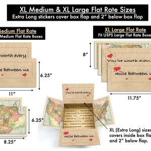 May include: Two sets of stickers with the text "You're worth every mile between us" in red and black lettering on a brown background. The stickers are shown in two sizes, XL Medium and XL Large, with measurements in inches. The stickers are designed to fit USPS Medium and Large Flat Rate boxes.