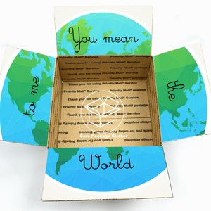 May include: An open cardboard box with a world map design. The inside of the box has the words "You mean the world to me" written on it. The box is a care package sticker.