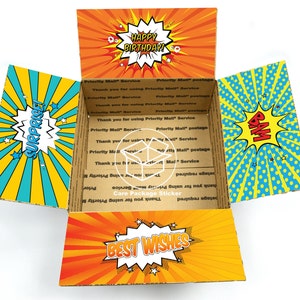 Caja de feliz cumpleaños / kit de pegatinas de paquete de cuidado de superhéroes cómicos / regalo de fiesta sorpresa para niños adolescentes / etiquetas de etiquetas de tarjetas de felicitación grandes prefabricadas