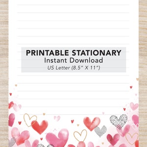 May include: Printable stationery with a heart design. The paper is white with pink and red watercolor hearts and gold accents. The text "Printable Stationery Instant Download US Letter (8.5" x 11")" is at the top of the page.