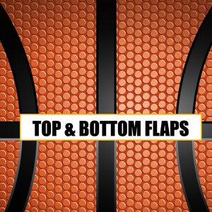 Puede incluir: Primer plano de una pelota de baloncesto con costuras negras y una superficie texturizada naranja. El texto "TOP & BOTTOM FLAPS" est&aacute; impreso en una pancarta blanca.