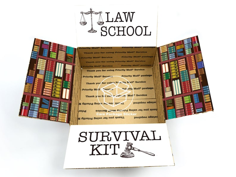 Law School survival kit care package sticker kit for USPS Flat Rate shipping boxes