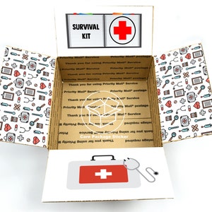 May include: An open cardboard box with a white background and a red cross on the top. The box is filled with medical supplies, including a first aid kit, bandages, and a stethoscope. The box is labeled "Survival Kit" and has a "Care Package Sticker" on the side.