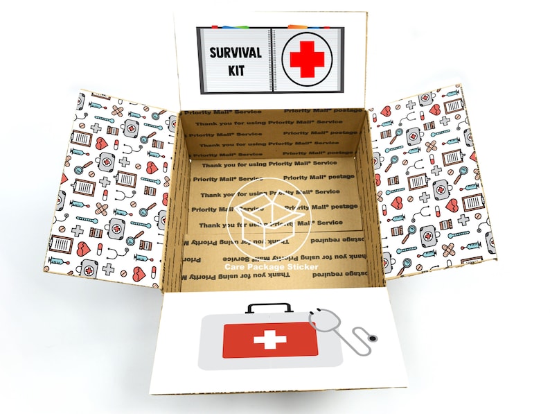 May include: An open cardboard box with a white background and a red cross on the top. The box is filled with medical supplies, including a first aid kit, bandages, and a stethoscope. The box is labeled "Survival Kit" and has a "Care Package Sticker" on the side.