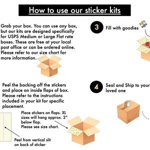 Może przedstawiać: Instrukcje dotyczące używania zestaw&oacute;w naklejek do pudełek prezentowych. Ilustracje krok po kroku pokazujące, jak wypełnić pudełko smakołykami, uszczelnić je taśmą i wysłać do ukochanej osoby.