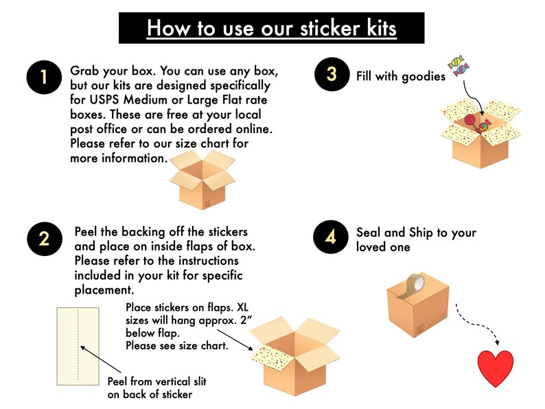 Może przedstawiać: Instrukcje dotyczące używania zestaw&oacute;w naklejek do pudełek prezentowych. Ilustracje krok po kroku pokazujące, jak wypełnić pudełko smakołykami, uszczelnić je taśmą i wysłać do ukochanej osoby.
